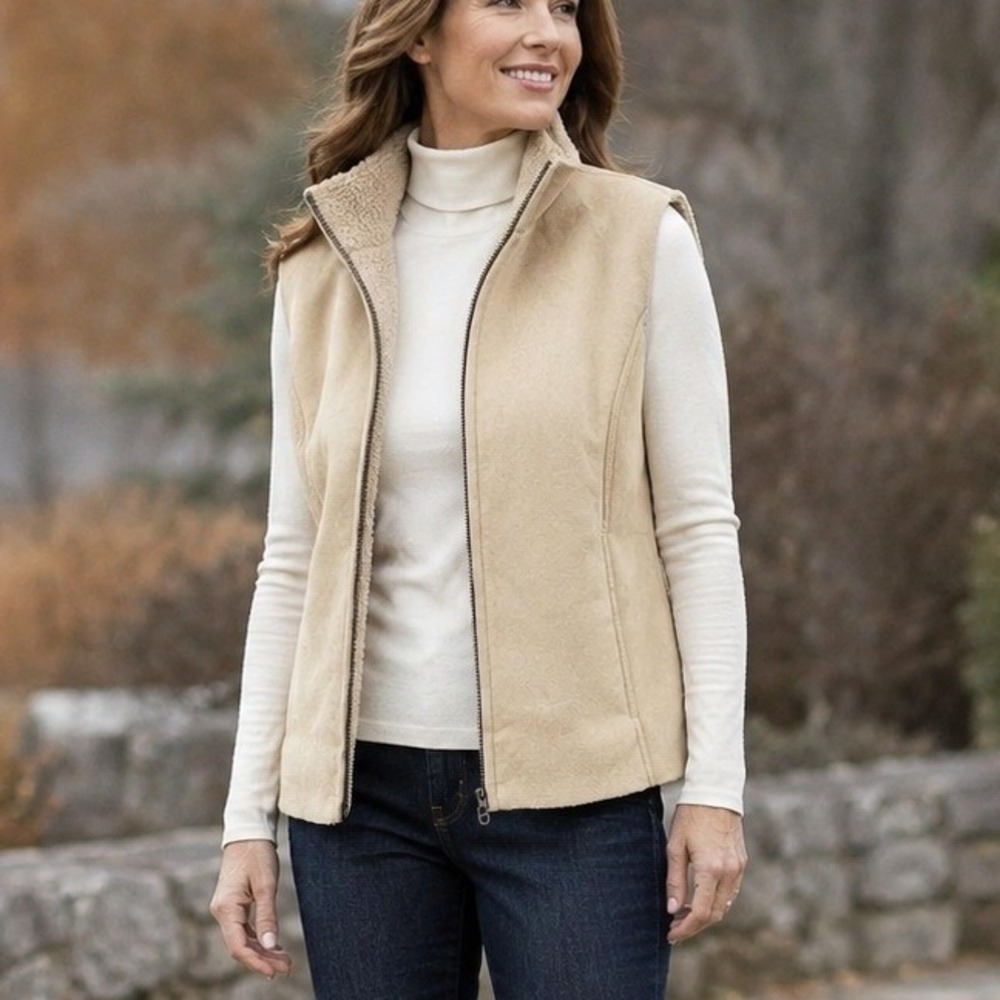 Lands End Womens Tan Faux Suede Sherpa Lined Full Zip Vest Large 14-16 Mock Neck